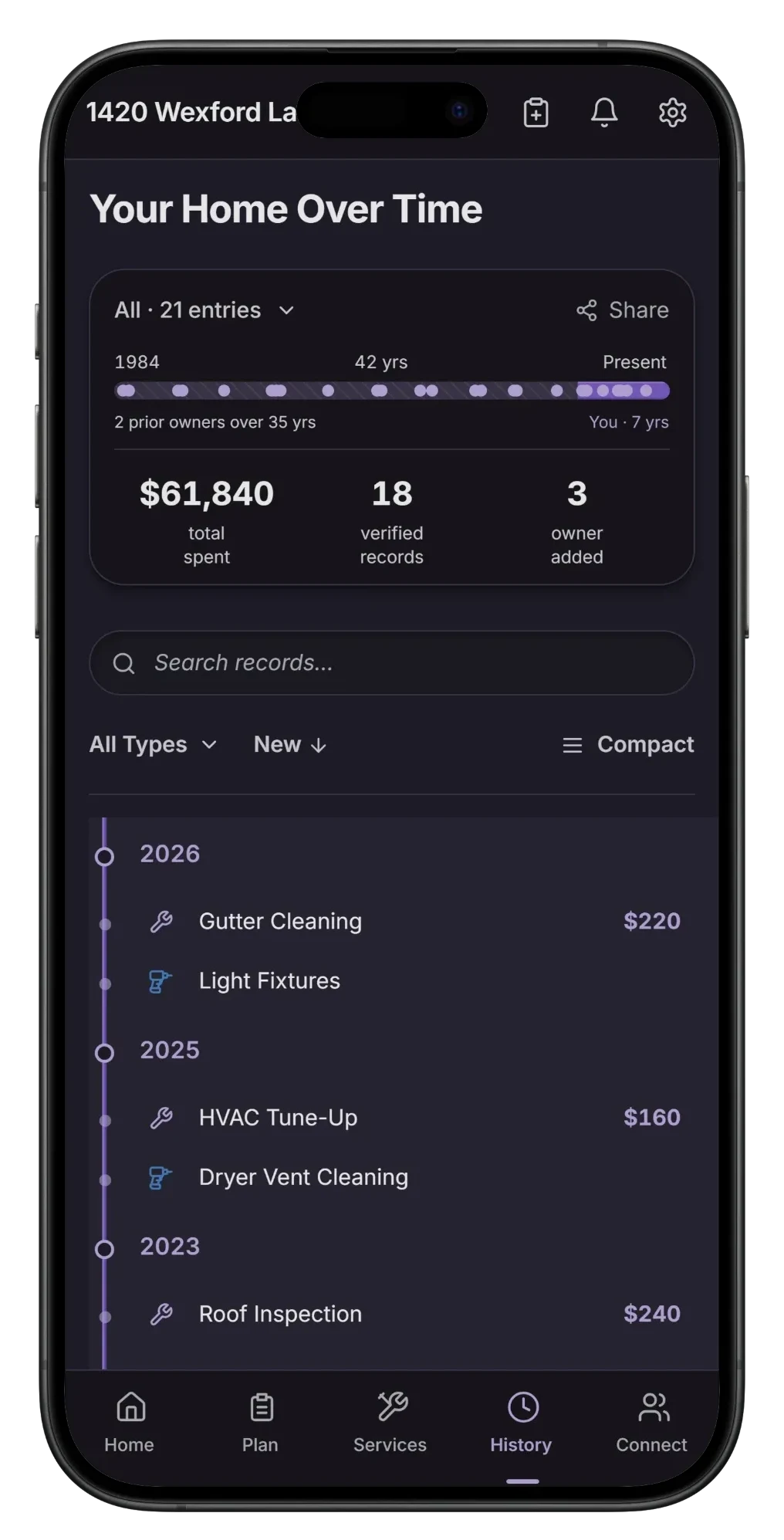 The Huxedo app showing a home's verified service history on a timeline