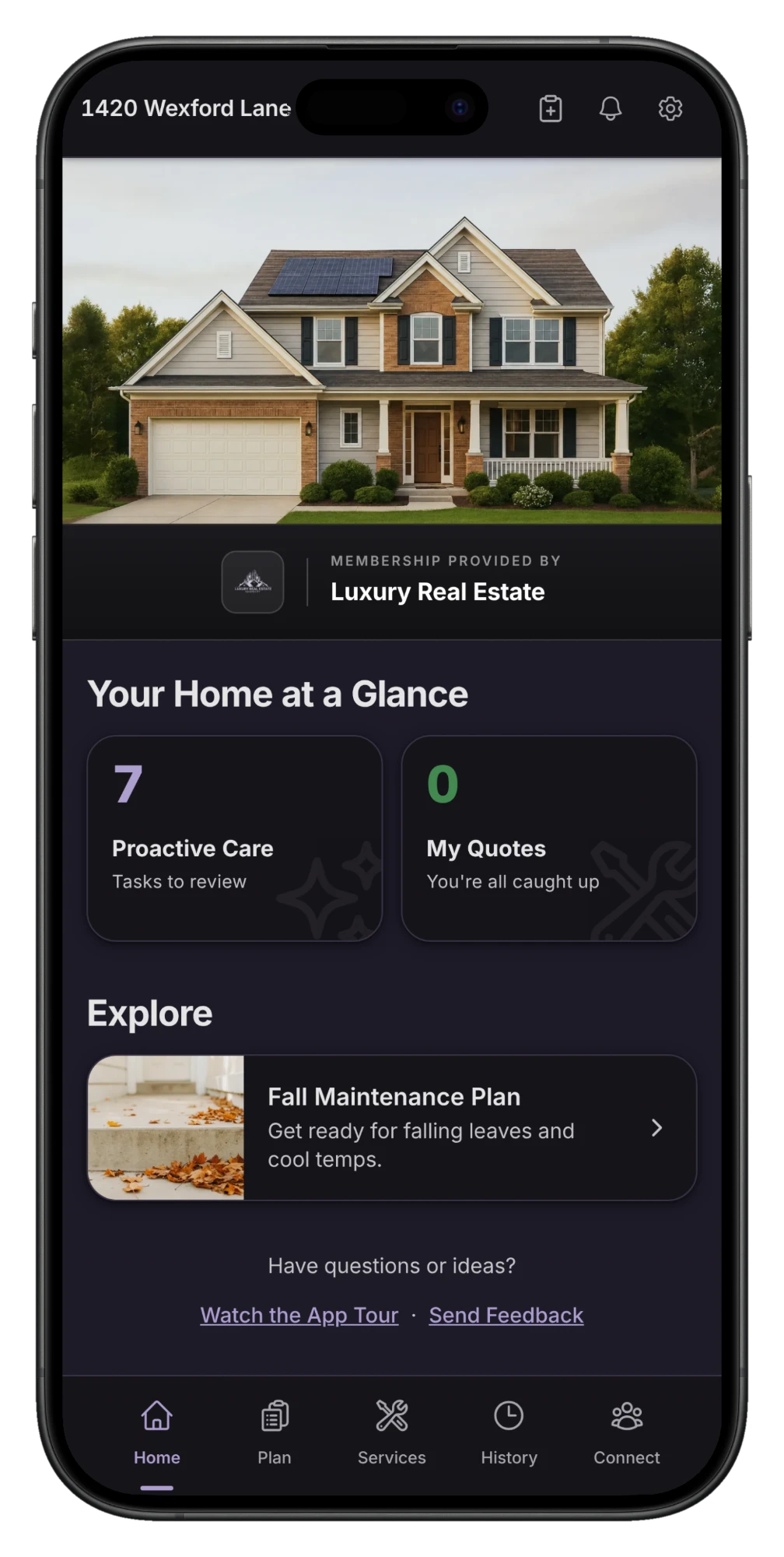 The Huxedo app home screen showing a co-branded brokerage membership