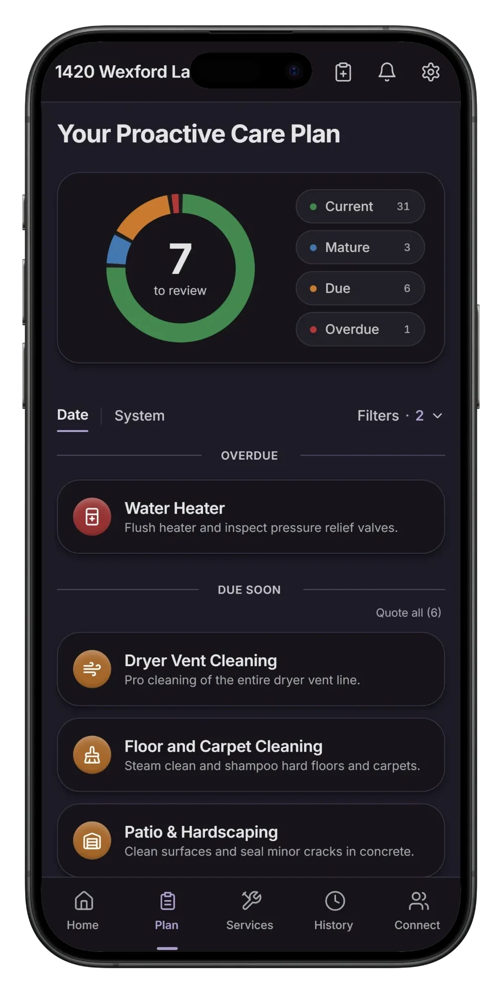 The Huxedo app showing predicted maintenance tasks bundled for efficiency