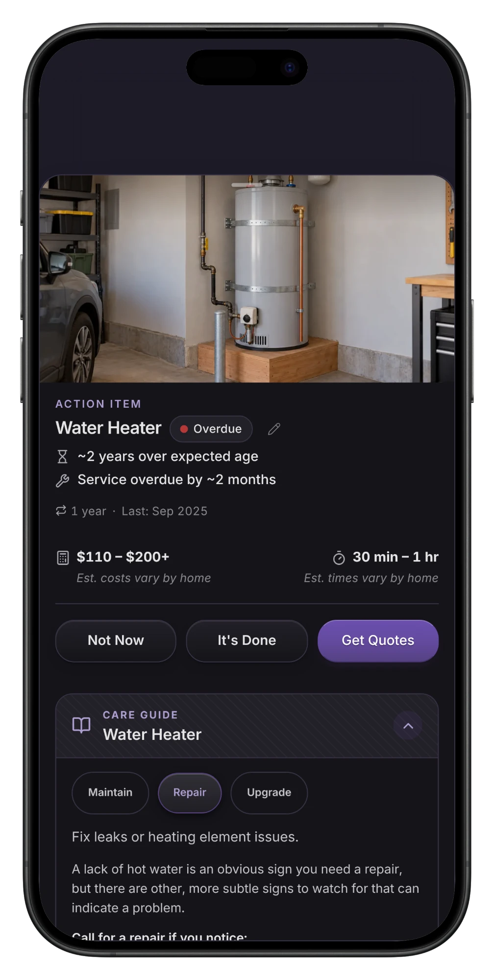 The Huxedo app showing a scheduled home service job ready for a pro to quote